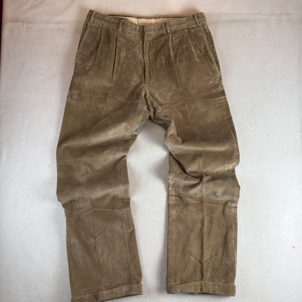 Mighty-Mac Mens Tan Pleated Corduroy Cuffed Trousers Size 40 Cotton Wide Wale
